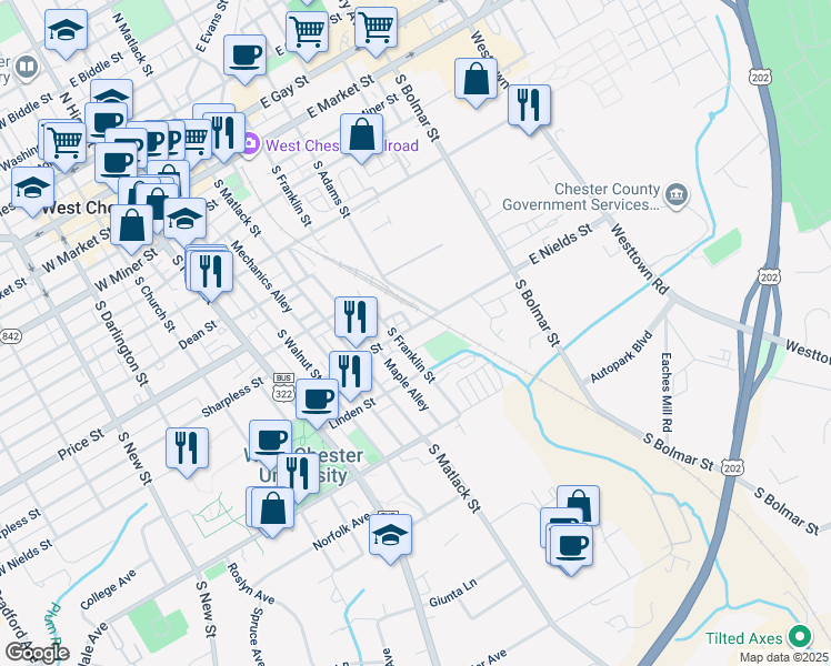 map of restaurants, bars, coffee shops, grocery stores, and more near 500 East Nields Street in West Chester