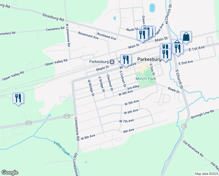 map of restaurants, bars, coffee shops, grocery stores, and more near 601 3rd Avenue in Parkesburg