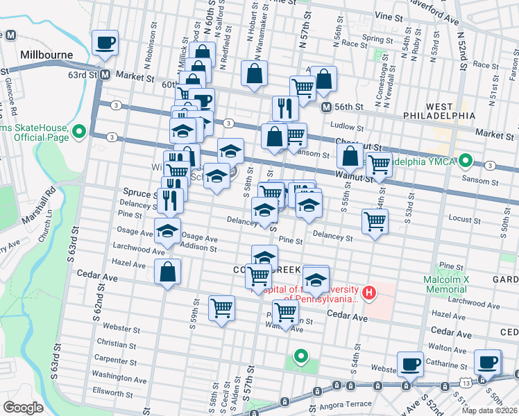 map of restaurants, bars, coffee shops, grocery stores, and more near 5729 Delancey Street in Philadelphia