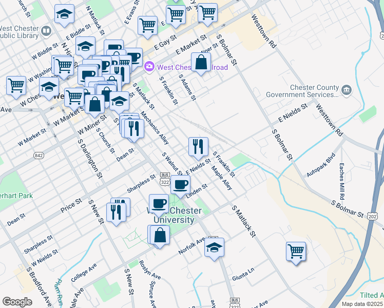 map of restaurants, bars, coffee shops, grocery stores, and more near 523 South Matlack Street in West Chester