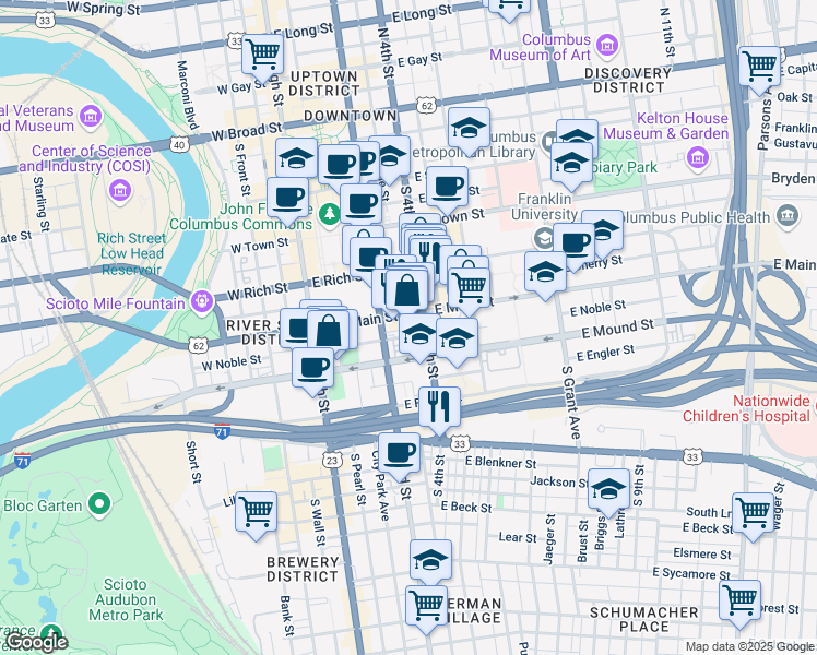 map of restaurants, bars, coffee shops, grocery stores, and more near 139 East Main Street in Columbus