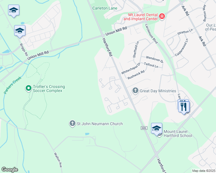 map of restaurants, bars, coffee shops, grocery stores, and more near 288B Everly Court in Mount Laurel Township