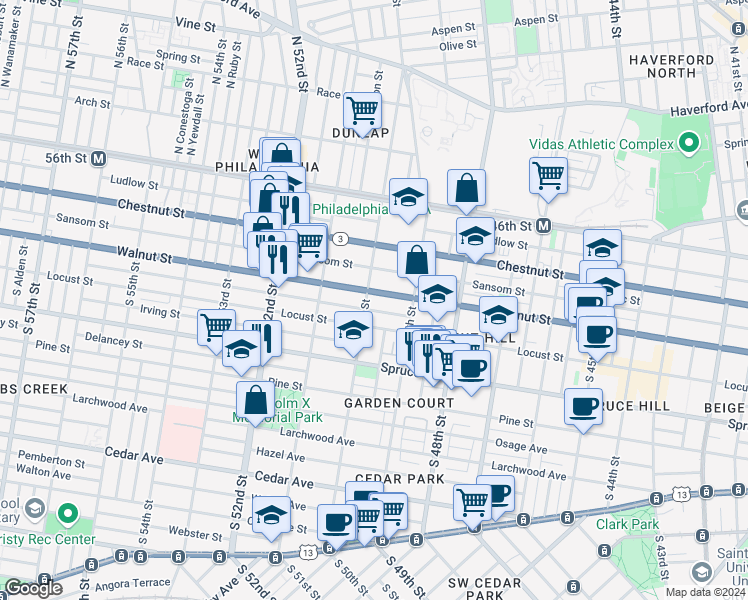 map of restaurants, bars, coffee shops, grocery stores, and more near 4944 Walnut Street in Philadelphia