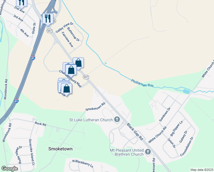 map of restaurants, bars, coffee shops, grocery stores, and more near 2916 Black Gap Road in Chambersburg
