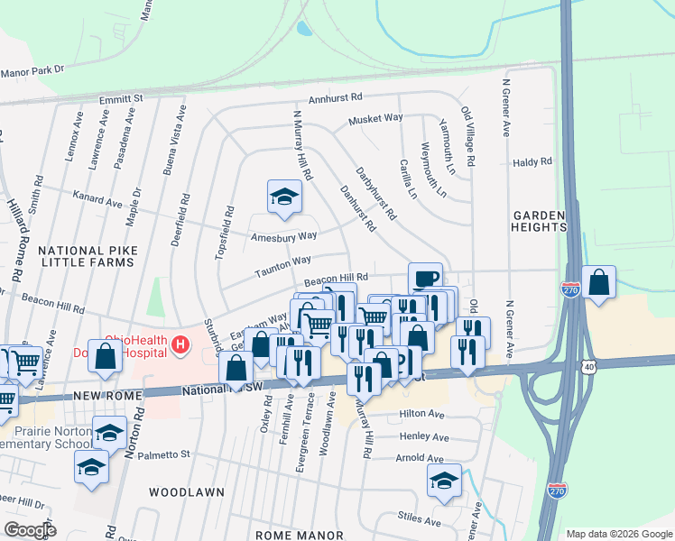 map of restaurants, bars, coffee shops, grocery stores, and more near 4824 Beacon Hill Road in Columbus