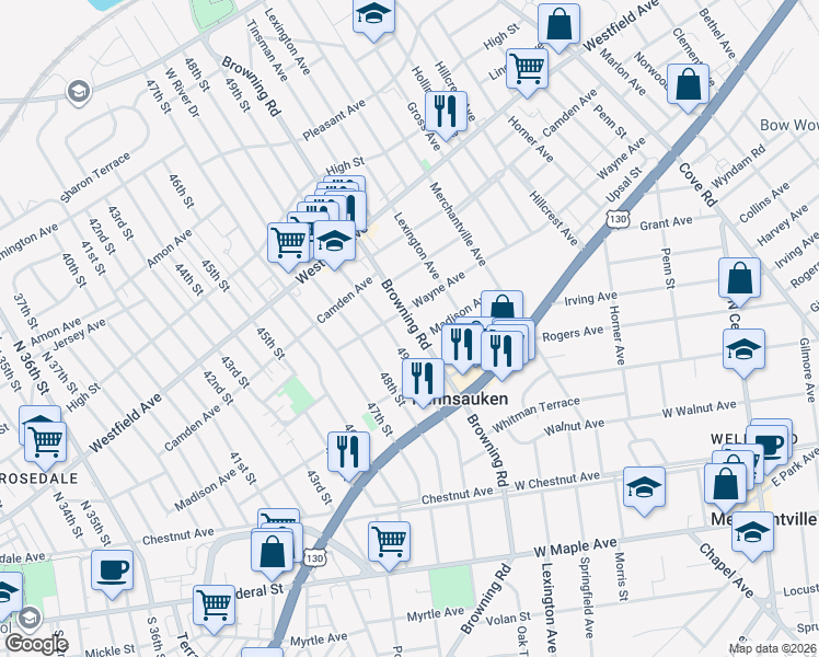 map of restaurants, bars, coffee shops, grocery stores, and more near 2341 49th Street in Pennsauken Township