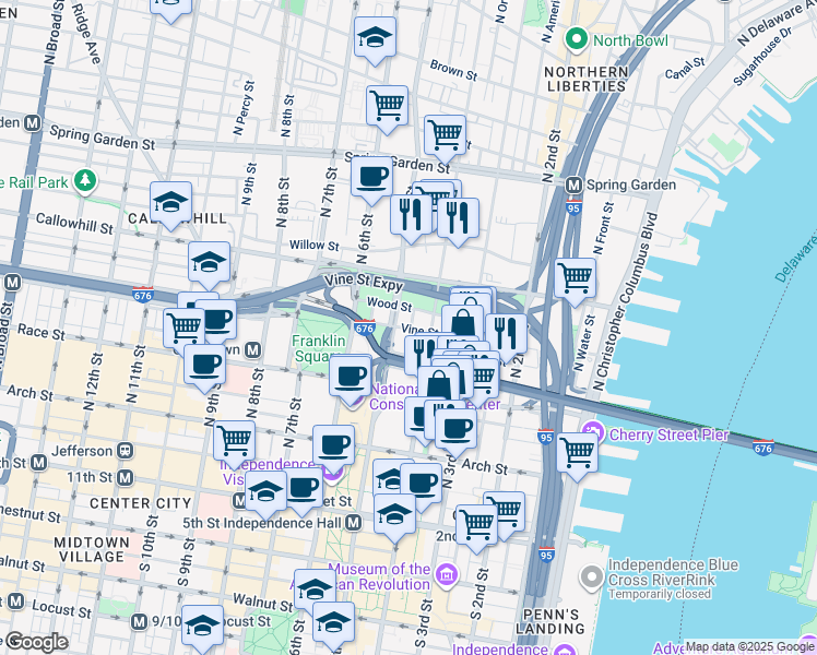 map of restaurants, bars, coffee shops, grocery stores, and more near 246 North Lawrence Street in Philadelphia