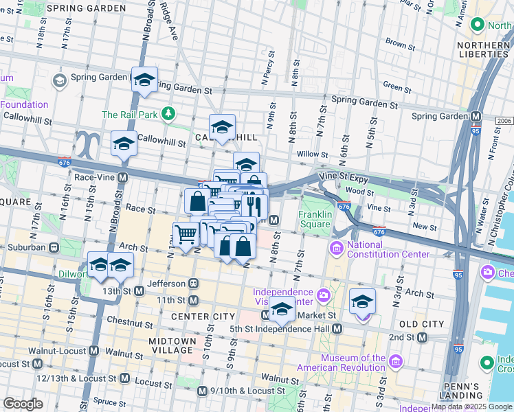 map of restaurants, bars, coffee shops, grocery stores, and more near 923 Race Street in Philadelphia