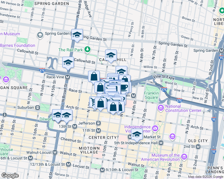 map of restaurants, bars, coffee shops, grocery stores, and more near 1001 Race Street in Philadelphia