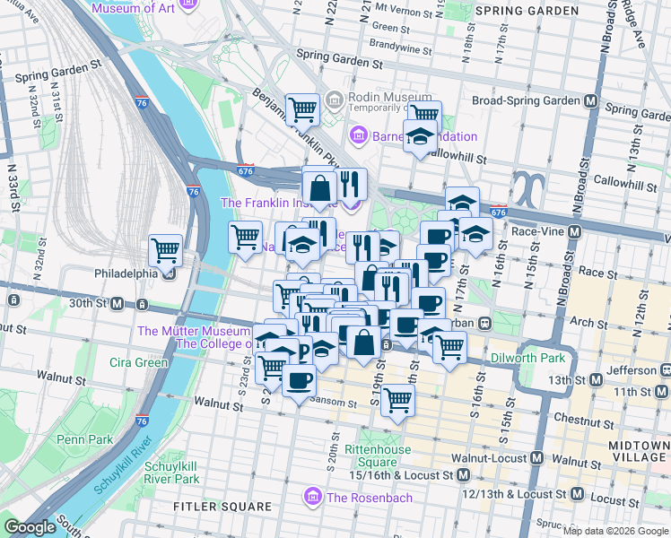map of restaurants, bars, coffee shops, grocery stores, and more near 2030 Arch Street in Philadelphia