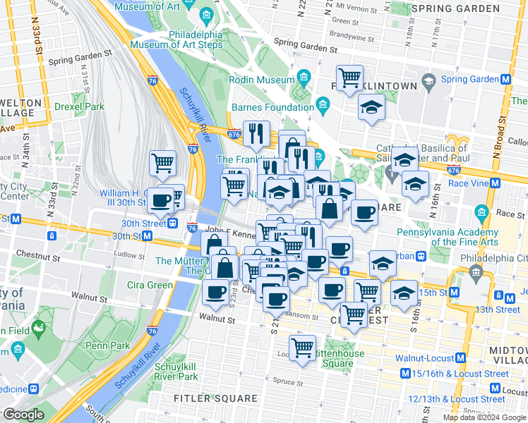 map of restaurants, bars, coffee shops, grocery stores, and more near in Philadelphia
