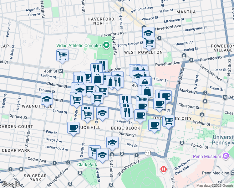 map of restaurants, bars, coffee shops, grocery stores, and more near in Philadelphia