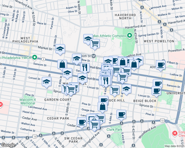 map of restaurants, bars, coffee shops, grocery stores, and more near 4620 Walnut Street in Philadelphia