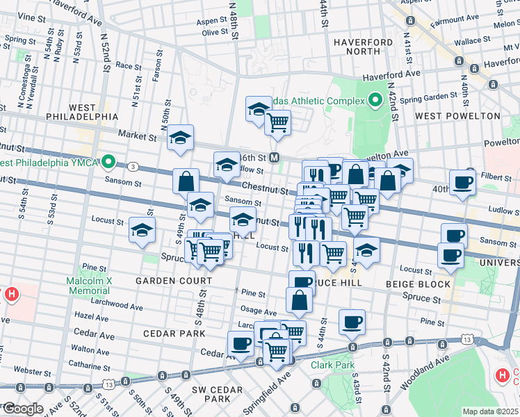 map of restaurants, bars, coffee shops, grocery stores, and more near 4620 Walnut Street in Philadelphia