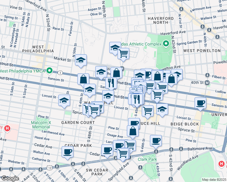 map of restaurants, bars, coffee shops, grocery stores, and more near 4620 Walnut Street in Philadelphia