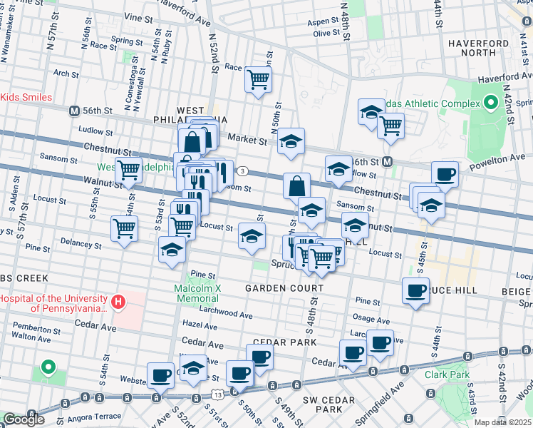 map of restaurants, bars, coffee shops, grocery stores, and more near 228 South 50th Street in Philadelphia