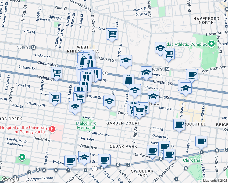 map of restaurants, bars, coffee shops, grocery stores, and more near 228 South 50th Street in Philadelphia