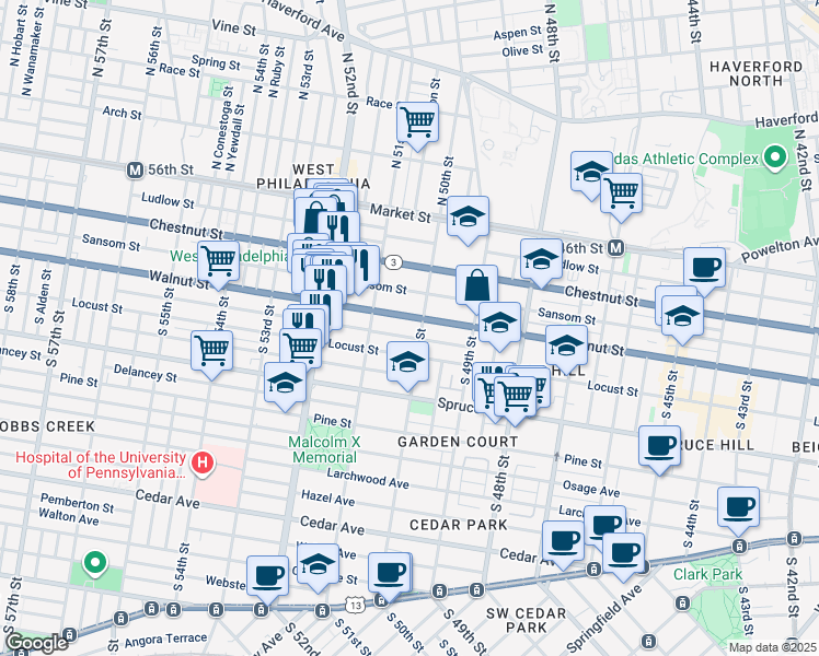 map of restaurants, bars, coffee shops, grocery stores, and more near 228 South 50th Street in Philadelphia