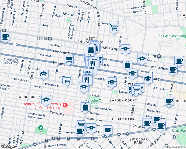 map of restaurants, bars, coffee shops, grocery stores, and more near 5132 Locust Street in Philadelphia