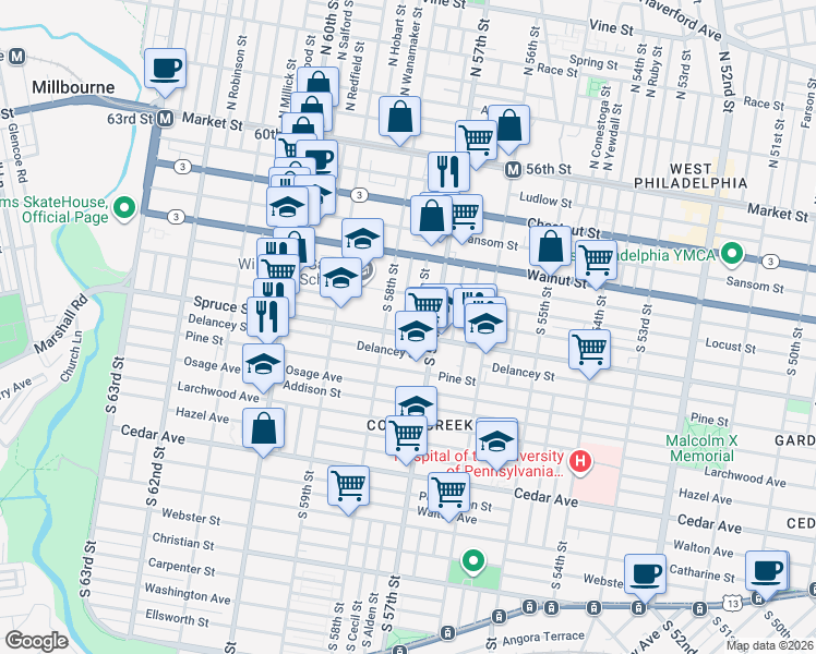 map of restaurants, bars, coffee shops, grocery stores, and more near 5729 Delancey Street in Philadelphia