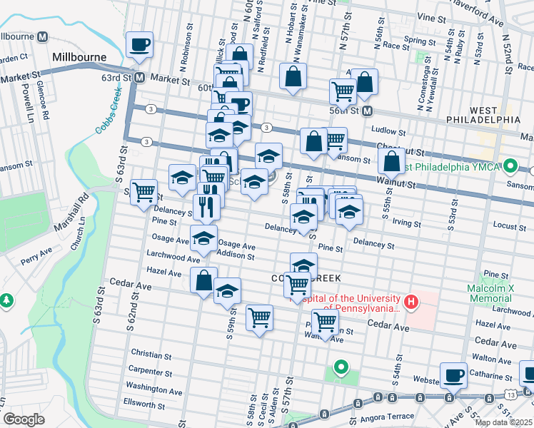 map of restaurants, bars, coffee shops, grocery stores, and more near 5810 Delancey Street in Philadelphia