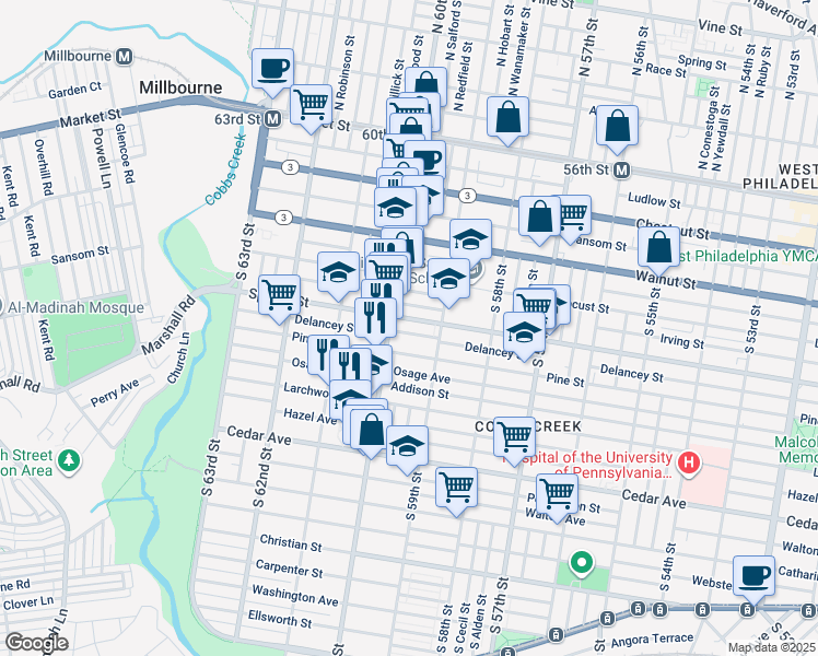 map of restaurants, bars, coffee shops, grocery stores, and more near 5943 Pine Street in Philadelphia