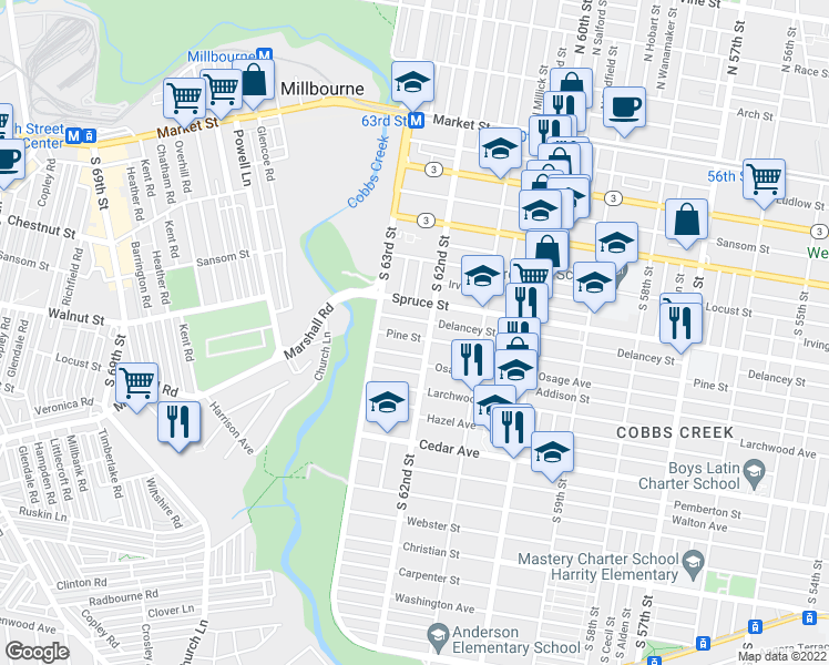 map of restaurants, bars, coffee shops, grocery stores, and more near 417 South 62nd Street in Philadelphia