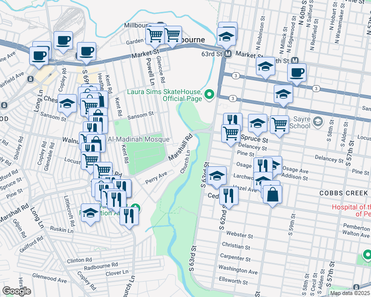 map of restaurants, bars, coffee shops, grocery stores, and more near 6605 Short Lane in Delaware County