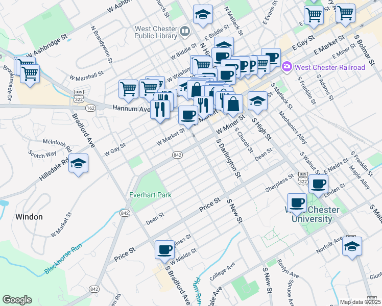 map of restaurants, bars, coffee shops, grocery stores, and more near 349 West Barnard Street in West Chester