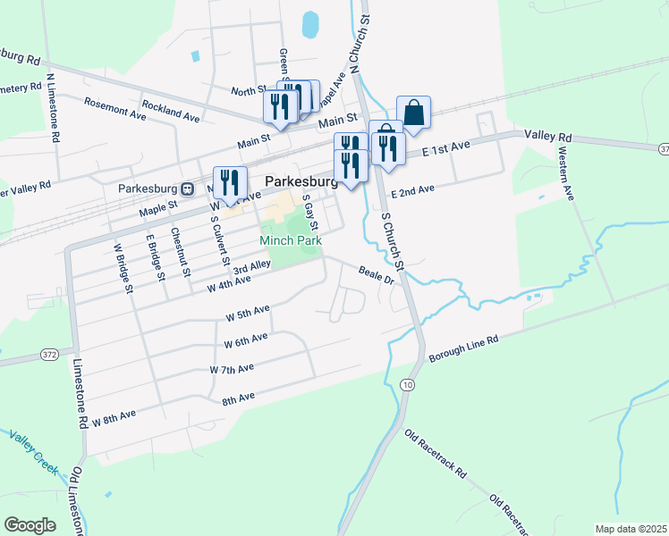 map of restaurants, bars, coffee shops, grocery stores, and more near 40 Beale Drive in Parkesburg