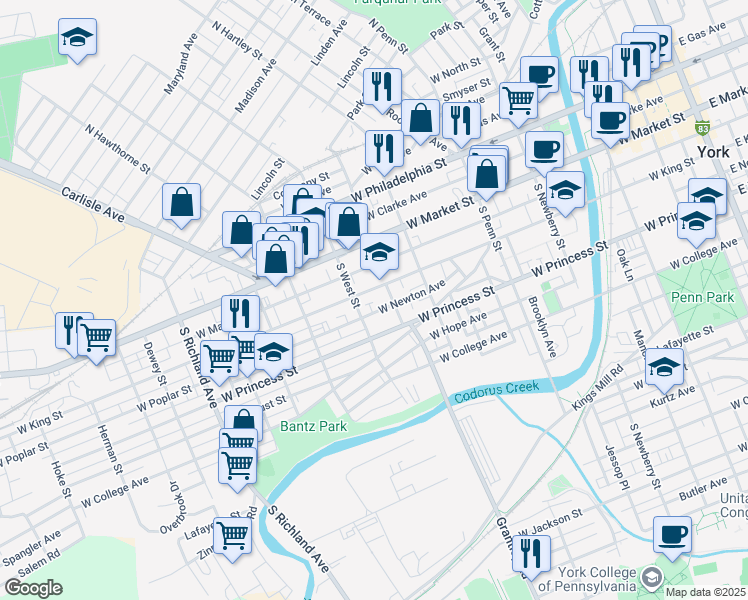 map of restaurants, bars, coffee shops, grocery stores, and more near 139 South West Street in York