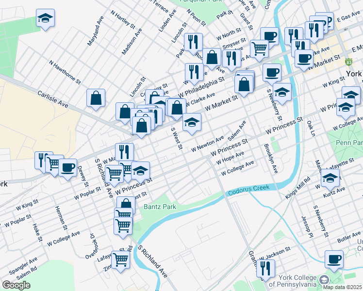 map of restaurants, bars, coffee shops, grocery stores, and more near 139 South West Street in York