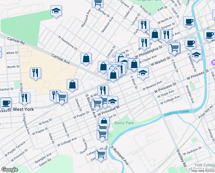 map of restaurants, bars, coffee shops, grocery stores, and more near 47 South Royal Street in York