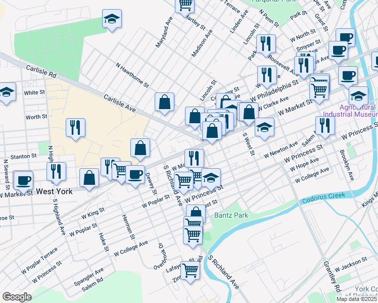 map of restaurants, bars, coffee shops, grocery stores, and more near 808 West Mason Avenue in York