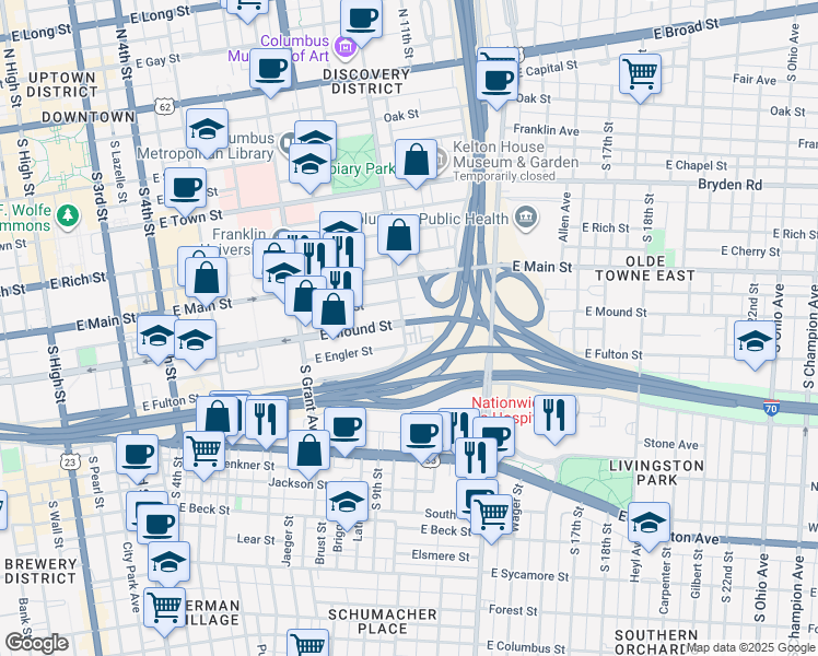 map of restaurants, bars, coffee shops, grocery stores, and more near 525 East Engler Street in Columbus