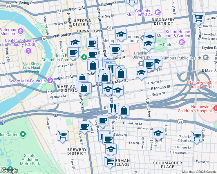 map of restaurants, bars, coffee shops, grocery stores, and more near 150 East Mound Street in Columbus