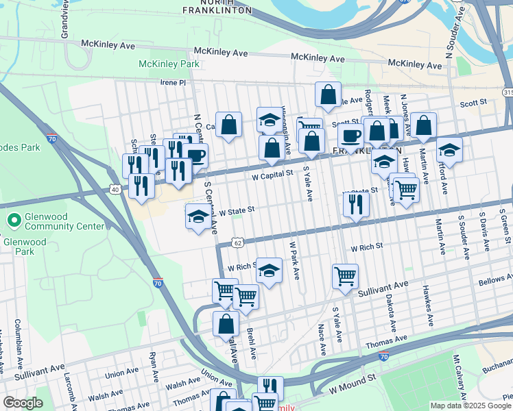 map of restaurants, bars, coffee shops, grocery stores, and more near 119 Dana Avenue in Columbus