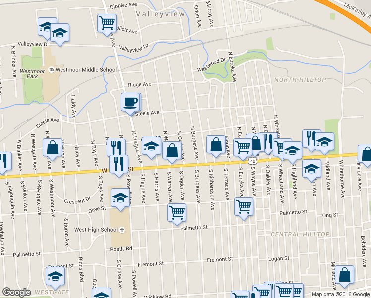 map of restaurants, bars, coffee shops, grocery stores, and more near 2608 West Broad Street in Columbus