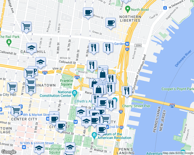 map of restaurants, bars, coffee shops, grocery stores, and more near 318 New Street in Philadelphia