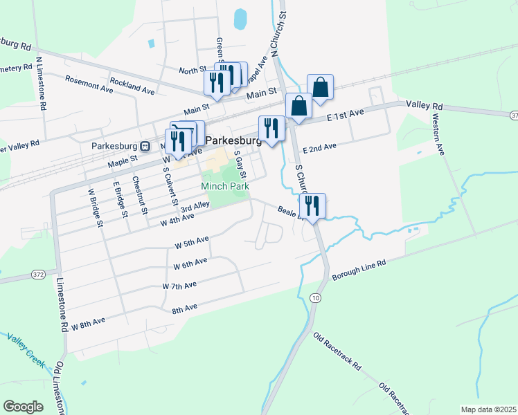 map of restaurants, bars, coffee shops, grocery stores, and more near 40 Beale Drive in Parkesburg