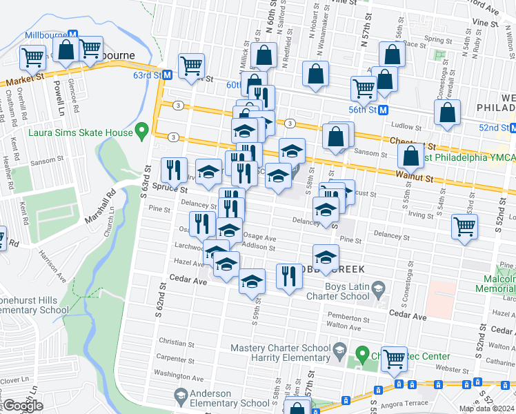 map of restaurants, bars, coffee shops, grocery stores, and more near 5928 Spruce Street in Philadelphia