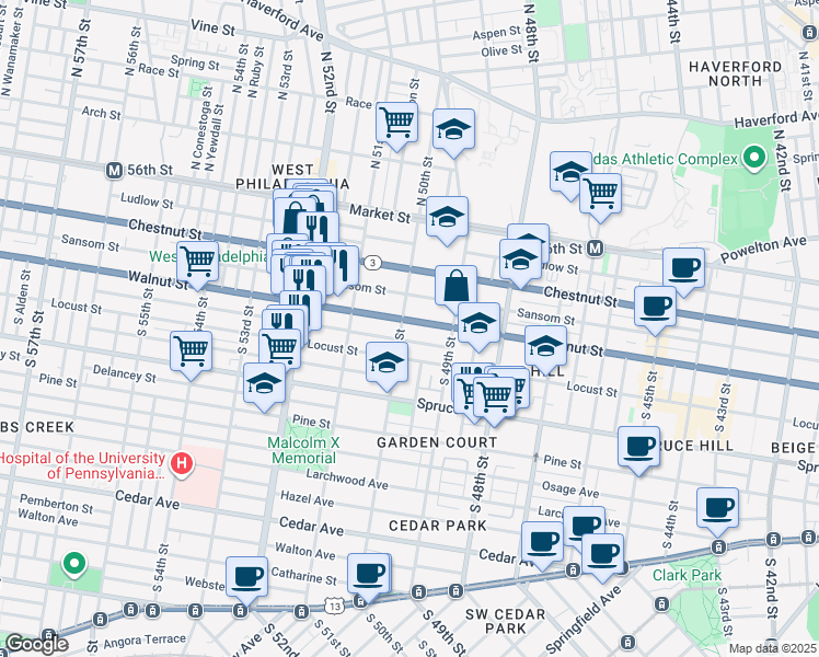 map of restaurants, bars, coffee shops, grocery stores, and more near 4944 Walnut Street in Philadelphia
