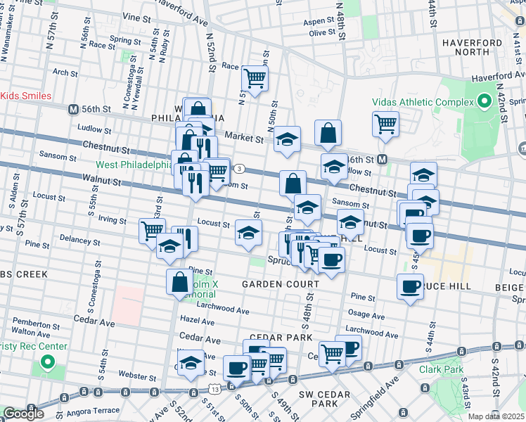 map of restaurants, bars, coffee shops, grocery stores, and more near 4944 Walnut Street in Philadelphia