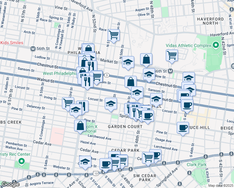 map of restaurants, bars, coffee shops, grocery stores, and more near 4946 Walnut Street in Philadelphia
