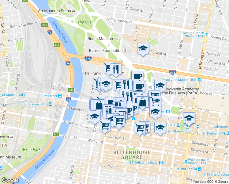 map of restaurants, bars, coffee shops, grocery stores, and more near 2056 Appletree Street in Philadelphia