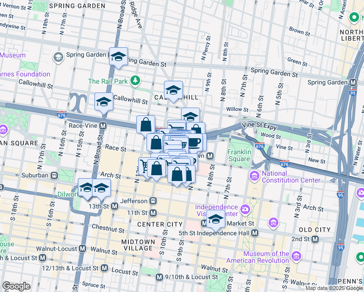 map of restaurants, bars, coffee shops, grocery stores, and more near 227 North 10th Street in Philadelphia