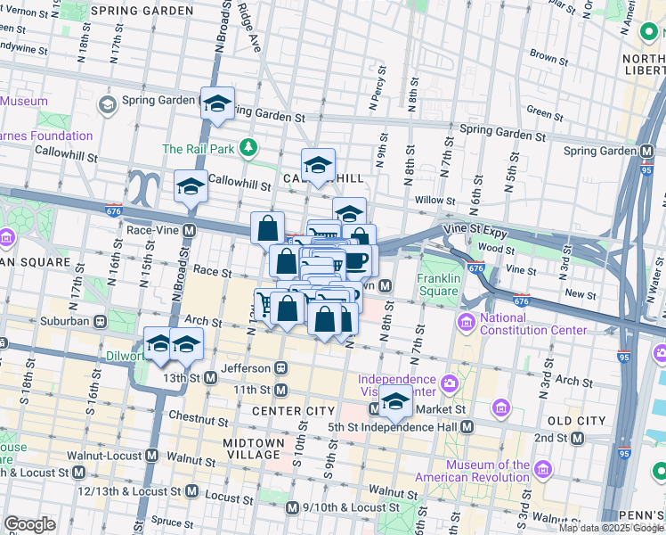 map of restaurants, bars, coffee shops, grocery stores, and more near 227 North 10th Street in Philadelphia