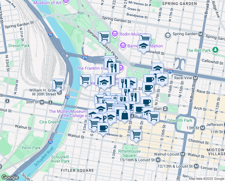 map of restaurants, bars, coffee shops, grocery stores, and more near 2056 Appletree Street in Philadelphia