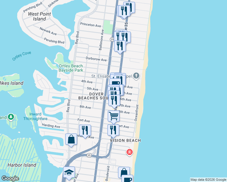 map of restaurants, bars, coffee shops, grocery stores, and more near 1920 Grand Central Avenue in Seaside Heights