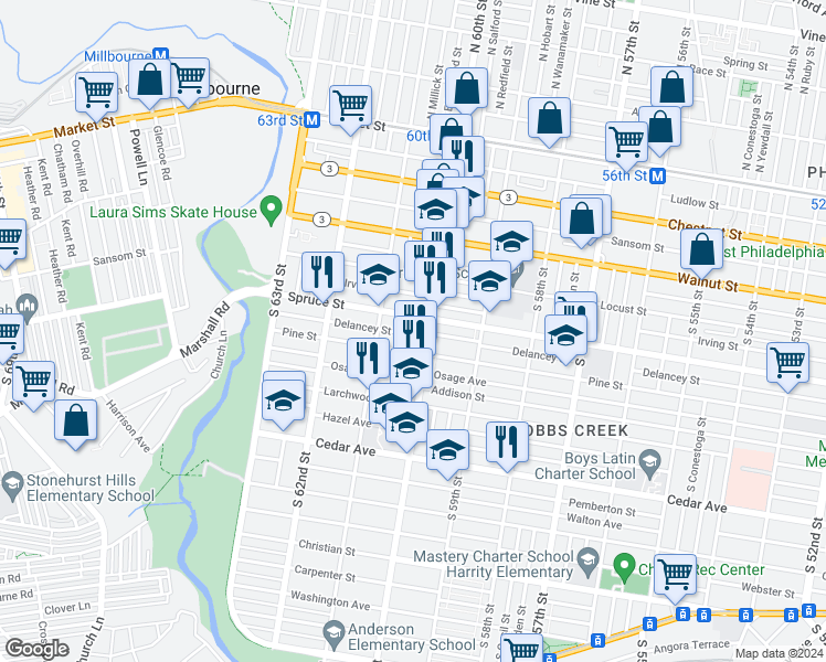 map of restaurants, bars, coffee shops, grocery stores, and more near 6019 Delancey Street in Philadelphia